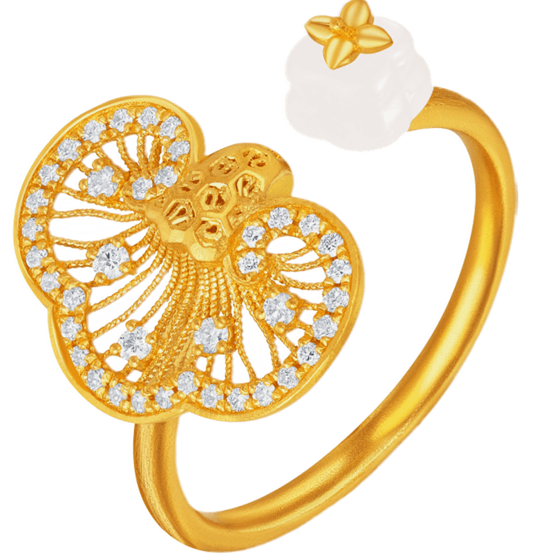 【宋轶同款】潮宏基非遗花丝如意黄金钻石戒指足金和田玉高级镶嵌