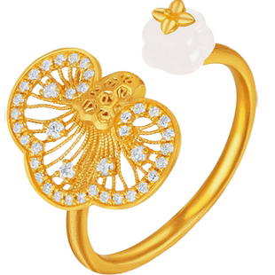 【宋轶同款】潮宏基非遗花丝如意黄金钻石戒指足金和田玉高级镶嵌