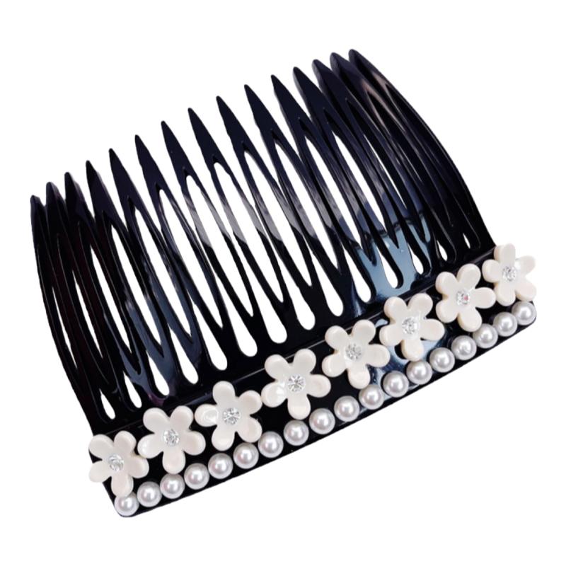 高端法国珍珠花朵发梳刘海倒插梳精致镶钻法式佩赫丸子头盘发头饰