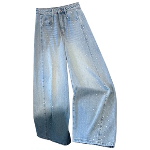 浅蓝色满天星烫钻直筒牛仔裤女春季2026新款今年流行爆款阔腿裤子