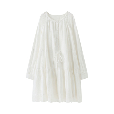 西町村屋韩系连衣裙女装2026春季新款圆领收腰长袖裙子XHBA10748