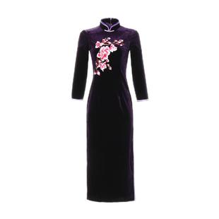 金丝绒旗袍长款长袖大码秋冬演出服连衣裙复古气质优雅