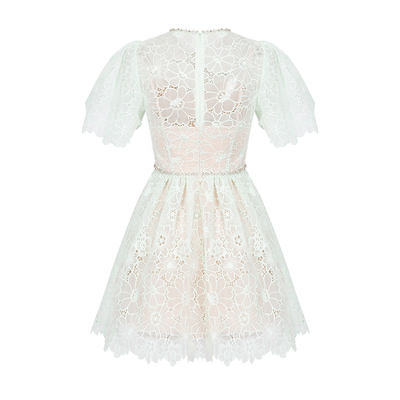 CEECUBED泡泡袖刺绣收腰连衣裙