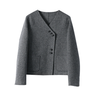 秀场设计师款！绵羊毛+骆驼绒不规则门襟V领短款双面毛呢大衣外套