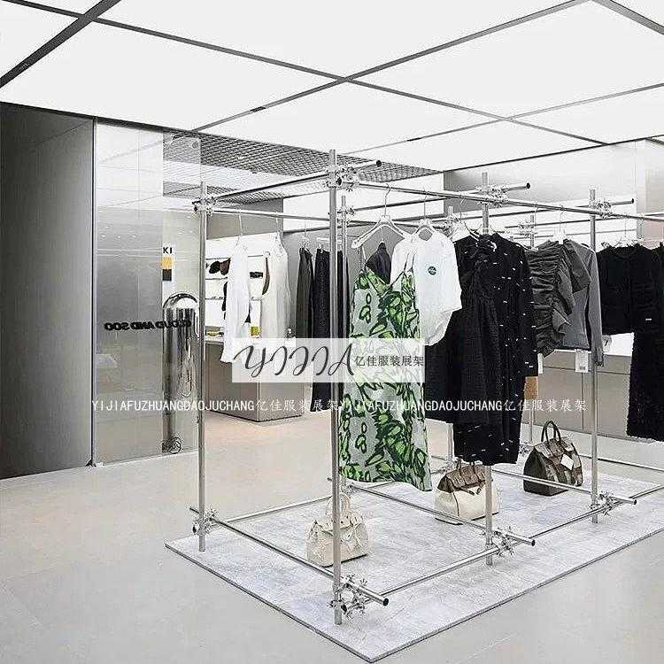 服装店展示架脚手架落地式可移动中岛架不锈钢工业风陈列架挂衣架
