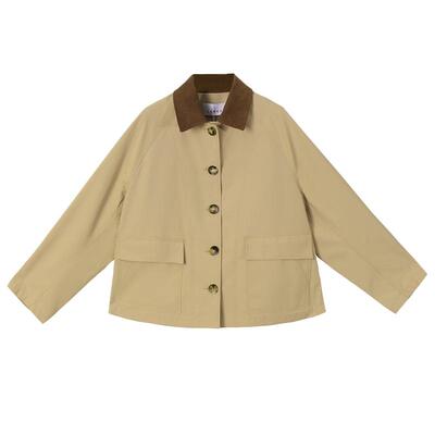 LANCY/朗姿2026春季新款巴恩风灯芯绒拼接翻领短款小个子风衣外套