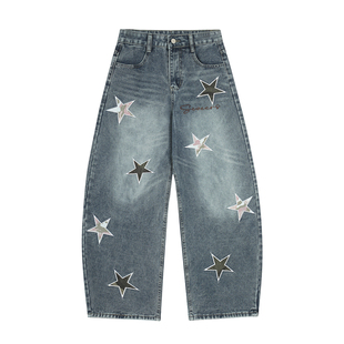Amoeba美式复古满印贴布刺绣星星宽松阔腿弯刀水洗百搭牛仔长裤