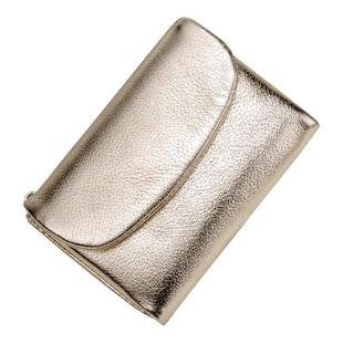 高档金色真皮中短款折叠钱包女士小巧便携软牛皮拉链零钱包大钞夹