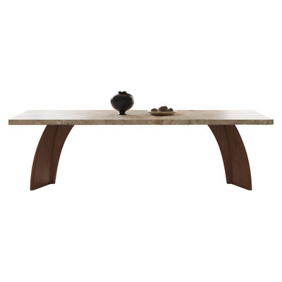 复古风洞石岩板实木长方形餐桌