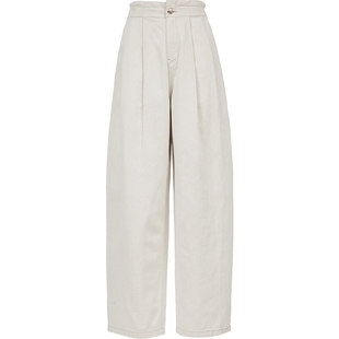 ONLY2026春季新款简约舒适亚麻松紧高腰宽松白色阔腿长裤牛仔裤女