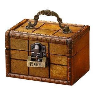 复古带密码锁手提小木箱桌面化妆品首饰收纳盒仿古做旧藏宝箱道具