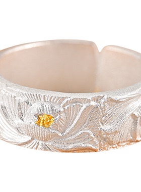 银千造足银999描金牡丹开口戒