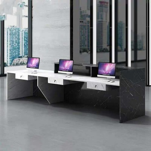 新款公司接待前台长条会客简约收银台现代吧台大理石纹长条咨询台