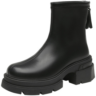 大东2025冬季新款女鞋时尚优雅时装靴圆头粗跟中跟后拉链中筒女靴