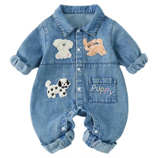婴幼儿牛仔连体衣秋款韩版帅气男宝宝衣服春秋款洋气婴童哈衣外出