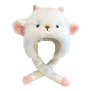 甜美可爱耳朵会动卡通小羊毛绒帽子女冬季加绒加厚保暖网红雷锋帽