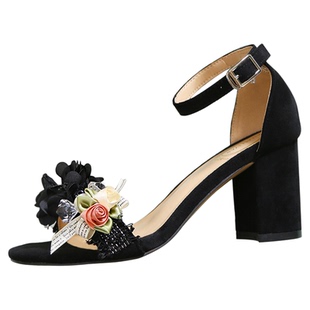 优雅黑色绒面粗跟女鞋一字带高跟鞋新中式花朵水晶女凉鞋大码4143