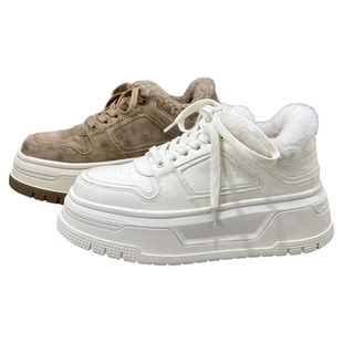 欧洲站爆款加绒小白鞋2025新款白色增高保暖棉鞋女真皮厚底松糕鞋