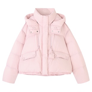 粉色连帽立领羽绒服短款女冬新款时尚洋气流行好看加厚保暖白鸭绒