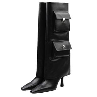 CALVINLUO 24新品 女式黑色工装高跟裤管靴