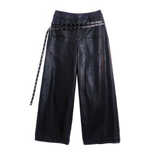 VCR STUDIO气场全开！设计感双腰带弯刀裤中低腰百搭阔腿PU皮裤女
