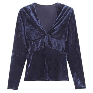 Basic House/百家好蓝色丝绒衬衫女2026春季新款修身扭结V领衬衣