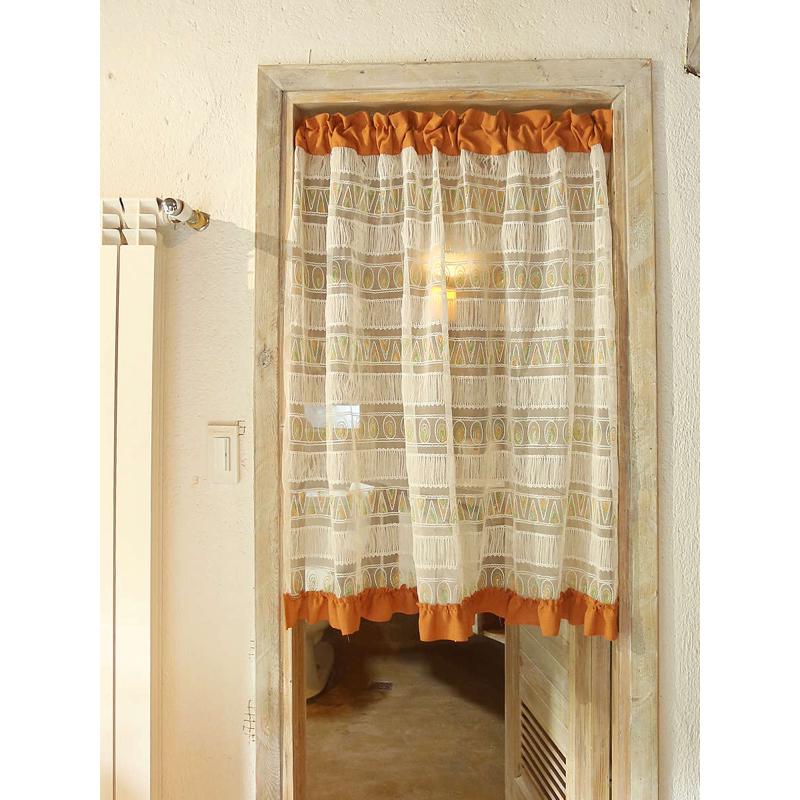 鸢尾乡旅美式暖橙色绣花半帘门帘成品窗帘透光穿杆半遮光卧厨房