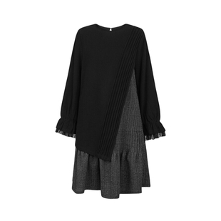 sdeer圣迪奥冬季女装时尚圆领压褶格纹网纱连衣裙S234Z12G4