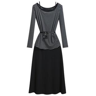 今年流行爆款条纹长袖罩衫上衣加吊带连衣裙女2026春装新款两件套