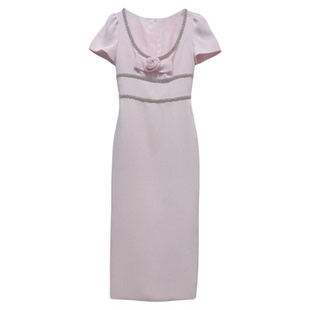 秋季新款女装粉红色玫瑰花朵性感大圆领短袖连衣裙长裙子气质礼服