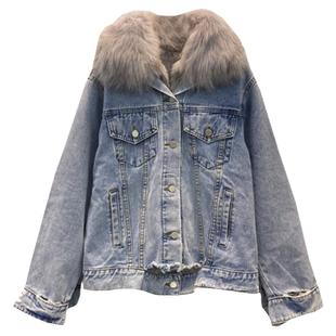 特价狐狸毛大毛领真兔毛皮草加绒牛仔短外套女加厚韩国派克服大衣