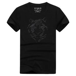 欧洲站短袖t恤男装 老虎头图案刺绣圆领黑色修身丝光棉高端体恤衫