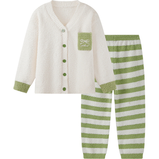 英氏儿童睡衣男童女童冬季加厚半边绒分体居家上衣长裤家居服套装