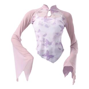 中国风纱衣旗袍领喇叭袖古典舞服装小个子练功服仙气飘逸女跳舞衣
