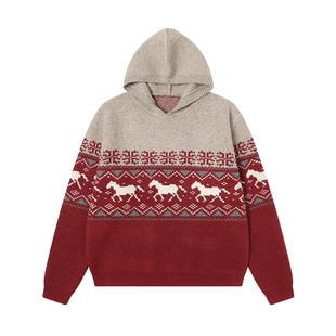 丛林老虎酒红色小马费尔岛连帽毛衣男马年本命年新年套头针织毛衫