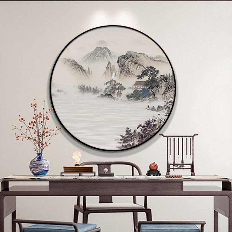 新中式装饰画办公室圆形入户玄关客厅画山水画禅意茶室挂画水墨画
