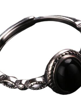 925银蛋面黑玛瑙花边戒指女2025年个性百搭民族风指环饰品