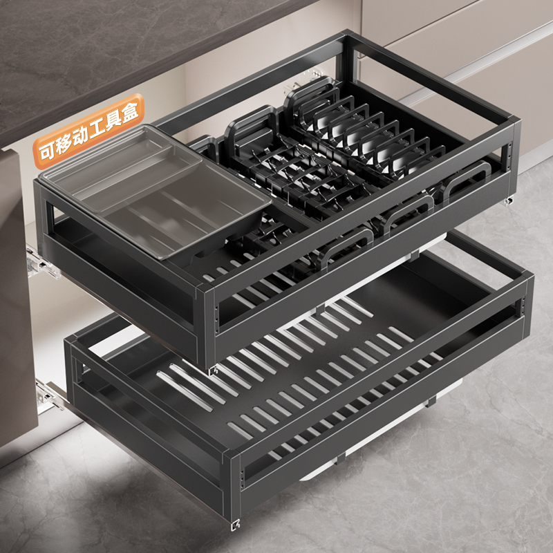 塔内屋拉篮厨房橱柜不锈钢碗碟篮双层抽屉式内置物架收纳碗架调味