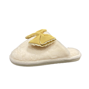 七七主人家大蝴蝶结白色加绒居家保暖棉拖鞋女室内防滑包头毛毛鞋