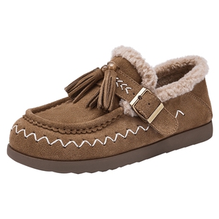 热风复古乐福鞋女鞋2025年冬季新款时尚勃肯鞋子加绒百搭毛毛鞋