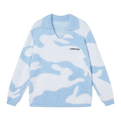 RARN套头V领翻领兔子毛衣