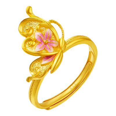 周大生黄金戒指女蝴蝶花朵足金叠戴指环新中式手饰生日礼物送女生