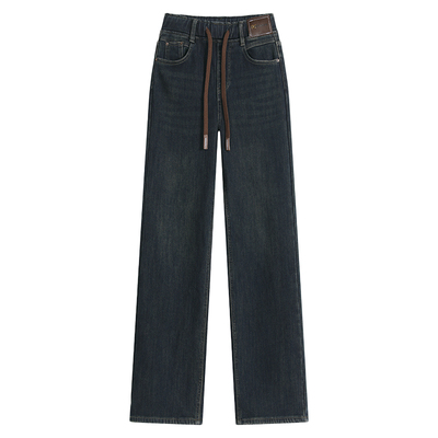 加长高腰加绒直筒牛仔裤