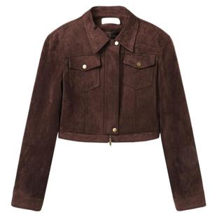 西町村屋美式外套女2025秋季新款复古麂皮拼接格纹上衣XAAC10265