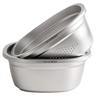 国风不锈钢方形盆子家用厨房新款加厚淘米滤水篮漏盆洗菜盆沥水篮