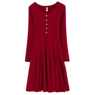 秋冬新款韩版圆领纯白修身喜庆过年红褶皱长款长袖桔梗裙连衣裙女