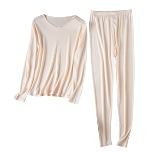 秋冬6A全真丝细腻女士保暖V领套装100%桑蚕丝亲肤透气睡衣套装