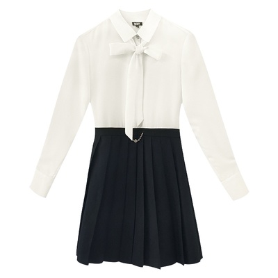 DKNY/唐可娜儿蝴蝶结设计感秋冬黑白拼接压褶女连衣裙