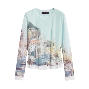 Desigual26春夏新品弹力修身城市印花网纱长袖女式T恤