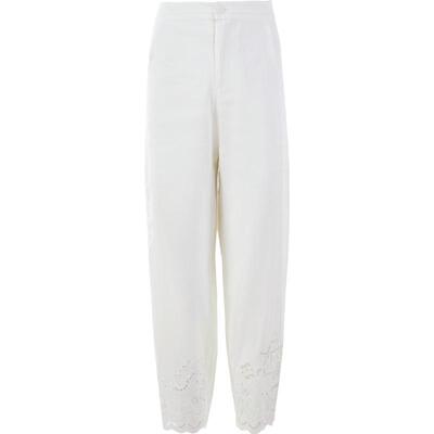 渔牌女装女裤春秋款2024新款镂空蕾边绣花白色休闲九分裤FGGA6210